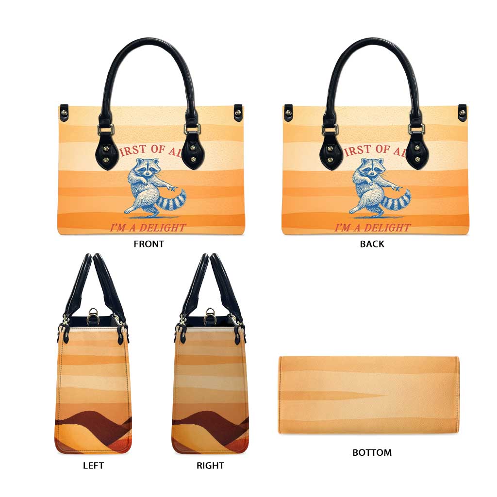 First Of All Raccoon Humor Leather Bag with Vintage Orange Stripes