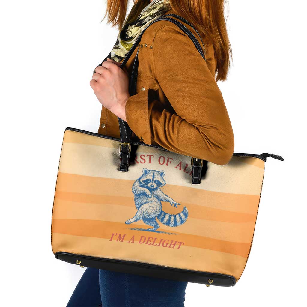 First Of All Raccoon Humor Leather Tote Bag with Vintage Orange Stripes
