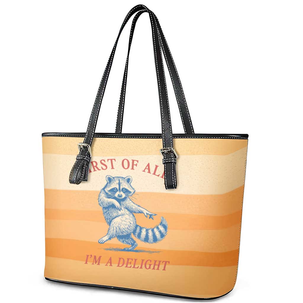 First Of All Raccoon Humor Leather Tote Bag with Vintage Orange Stripes