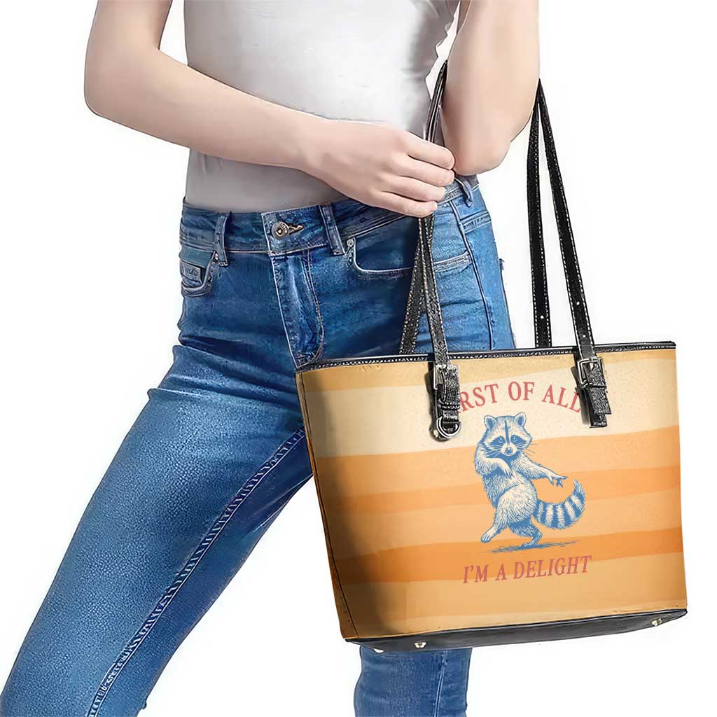 First Of All Raccoon Humor Leather Tote Bag with Vintage Orange Stripes