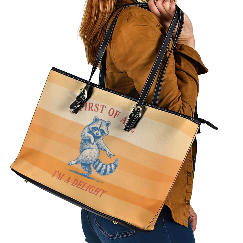 First Of All Raccoon Humor Leather Tote Bag with Vintage Orange Stripes