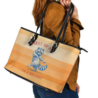 First Of All Raccoon Humor Leather Tote Bag with Vintage Orange Stripes