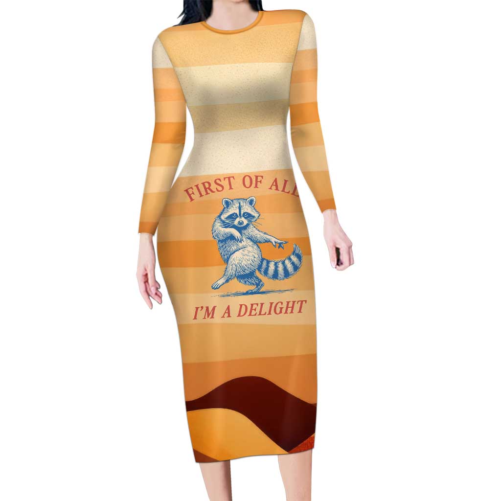 First Of All Raccoon Humor Long Sleeve Bodycon Dress with Vintage Orange Stripes
