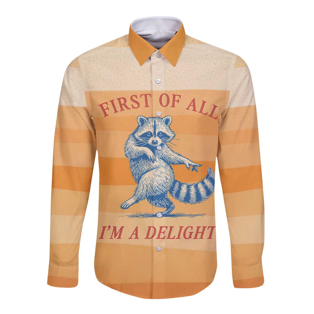 First Of All Raccoon Humor Long Sleeve Button Shirt with Vintage Orange Stripes