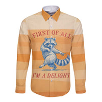 First Of All Raccoon Humor Long Sleeve Button Shirt with Vintage Orange Stripes