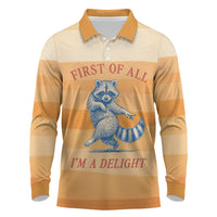 First Of All Raccoon Humor Long Sleeve Polo Shirt with Vintage Orange Stripes
