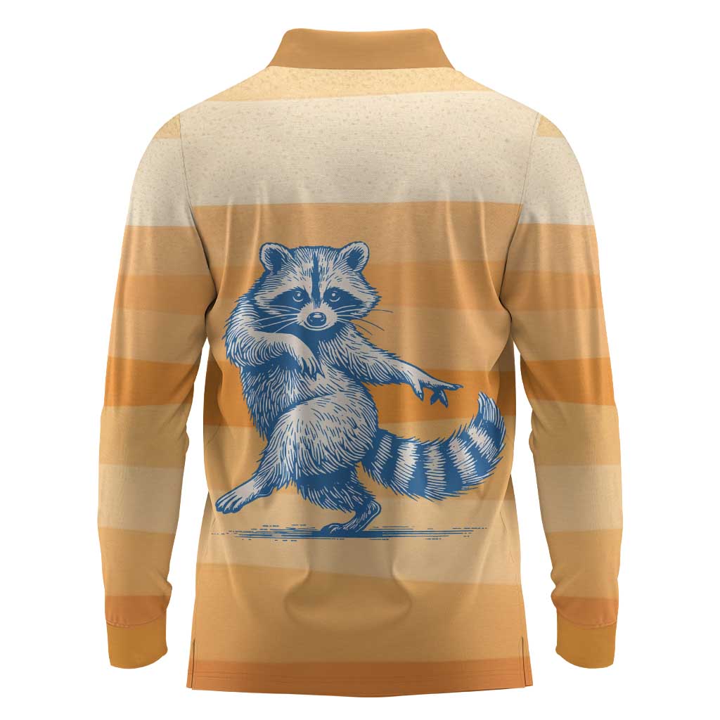 First Of All Raccoon Humor Long Sleeve Polo Shirt with Vintage Orange Stripes