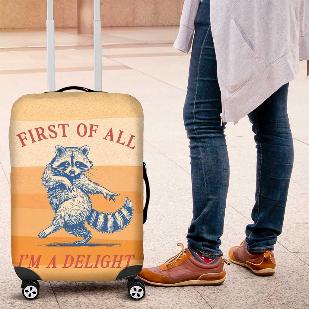 First Of All Raccoon Humor Luggage Cover with Vintage Orange Stripes