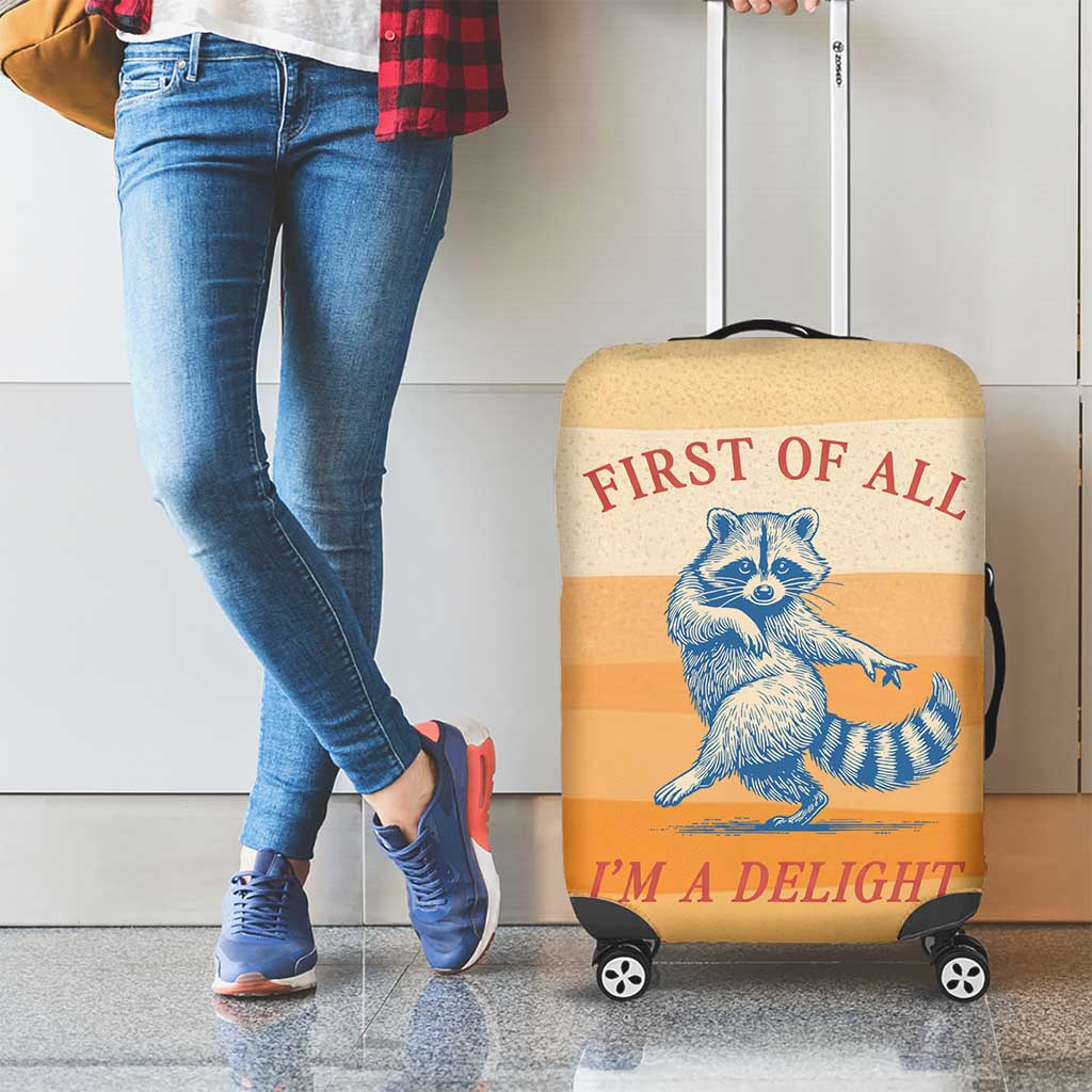First Of All Raccoon Humor Luggage Cover with Vintage Orange Stripes