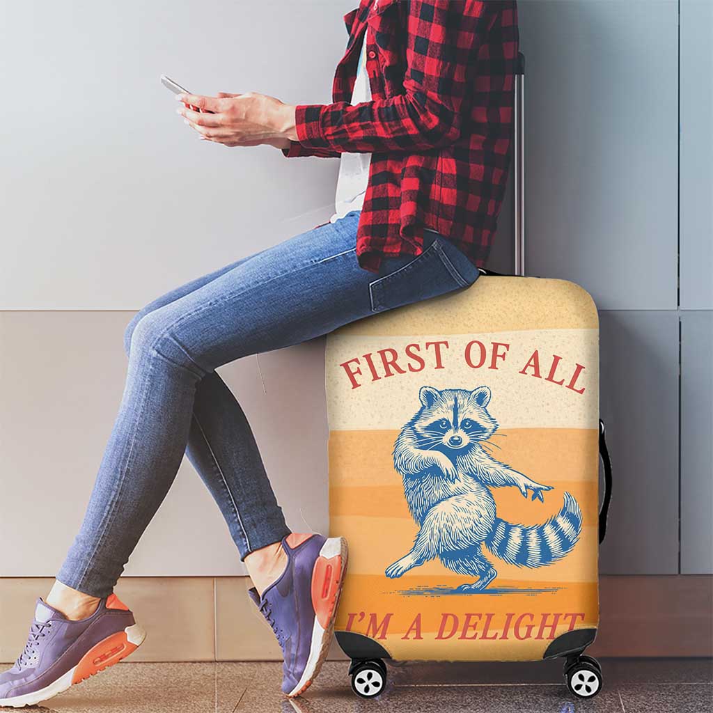 First Of All Raccoon Humor Luggage Cover with Vintage Orange Stripes