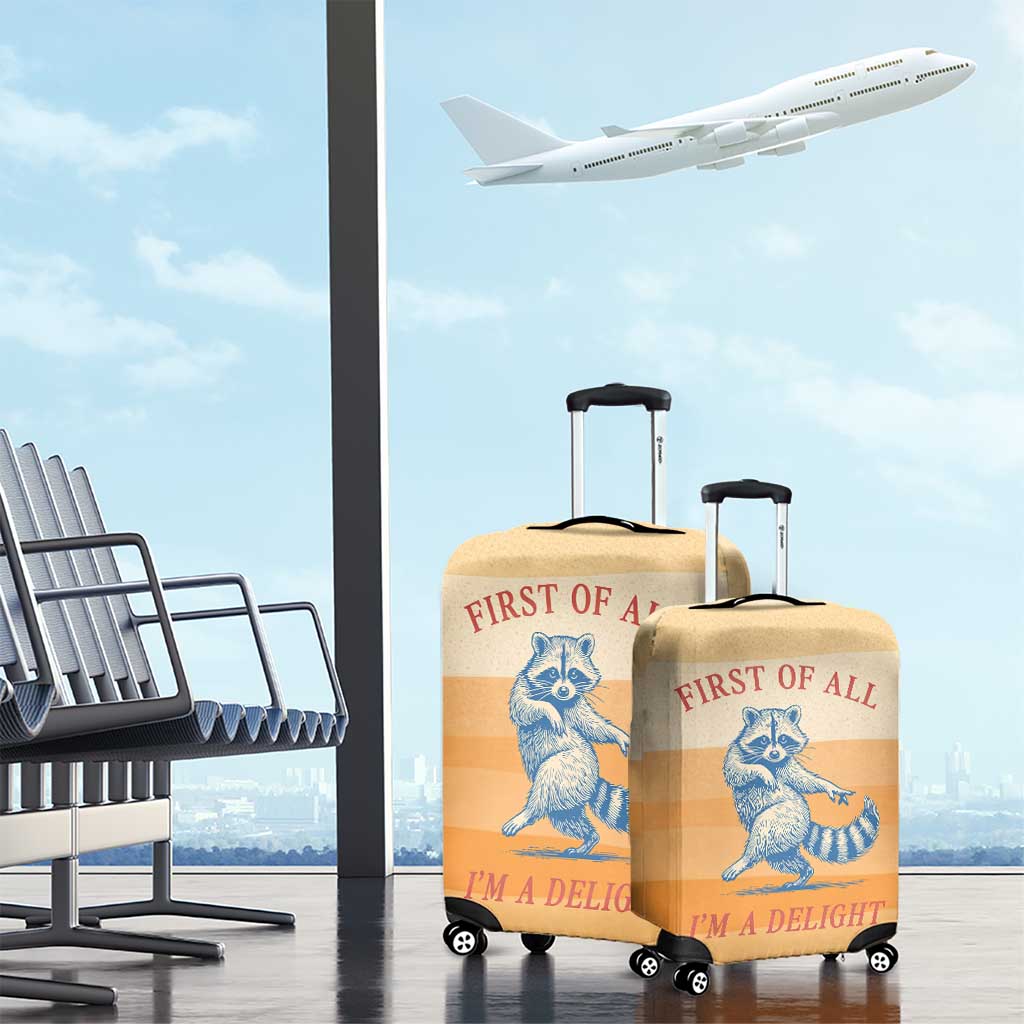 First Of All Raccoon Humor Luggage Cover with Vintage Orange Stripes