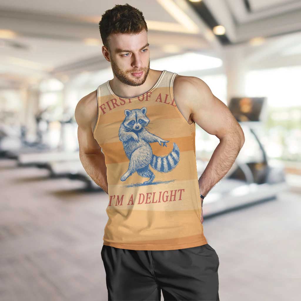 First Of All Raccoon Humor Men Tank Top with Vintage Orange Stripes