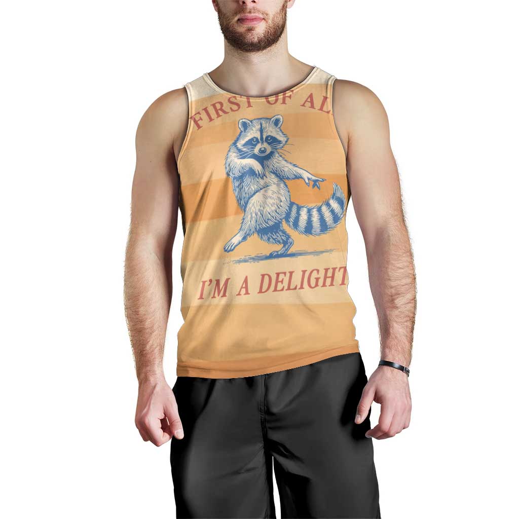 First Of All Raccoon Humor Men Tank Top with Vintage Orange Stripes
