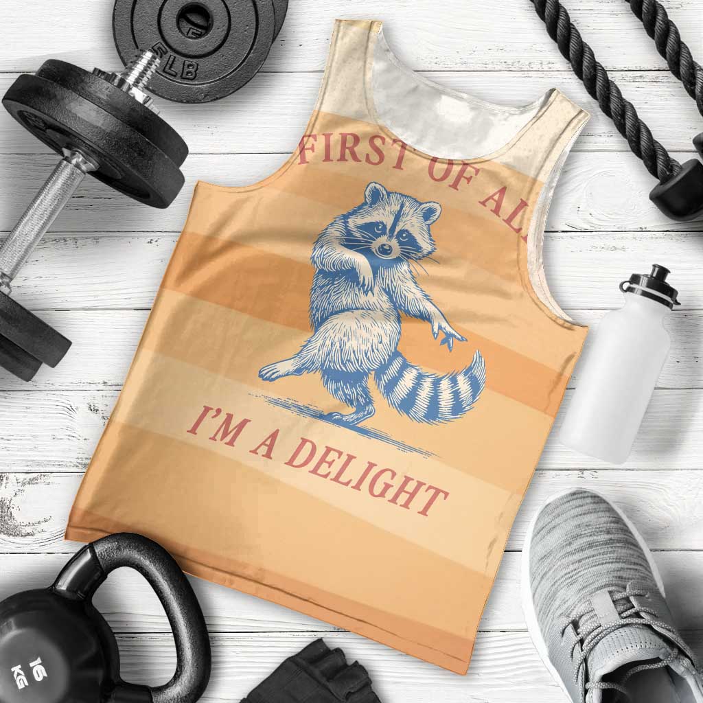 First Of All Raccoon Humor Men Tank Top with Vintage Orange Stripes