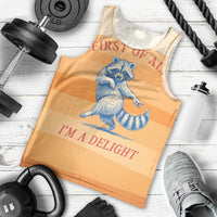 First Of All Raccoon Humor Men Tank Top with Vintage Orange Stripes