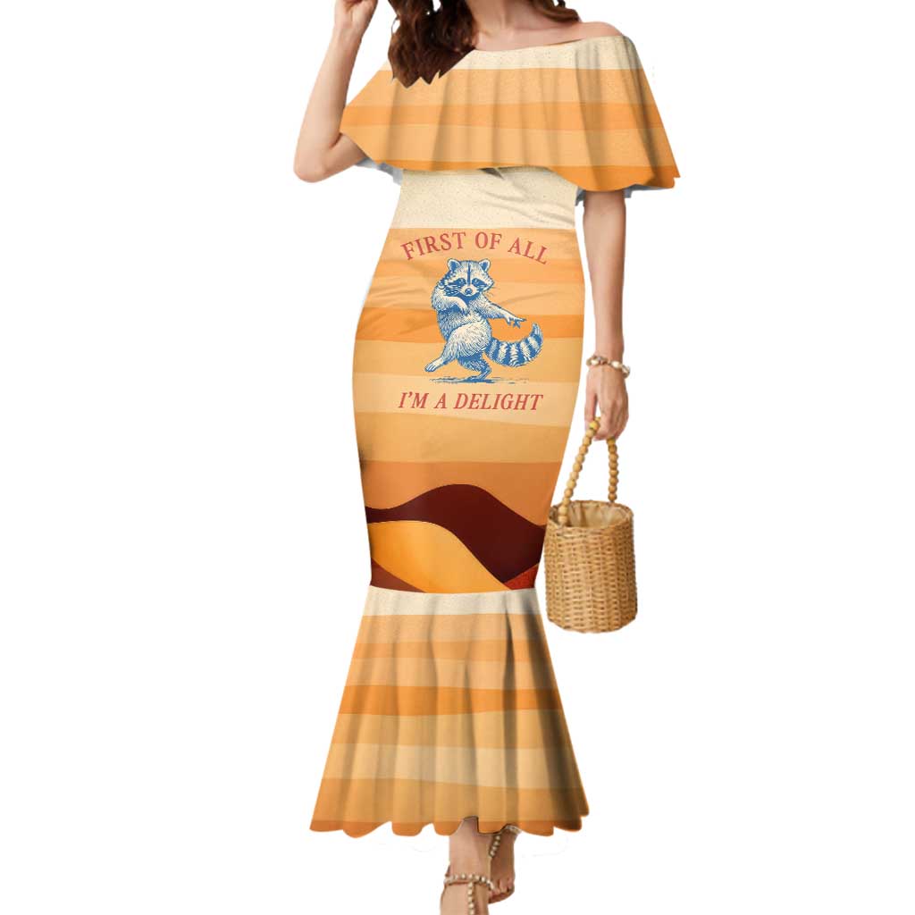 First Of All Raccoon Humor Mermaid Dress with Vintage Orange Stripes