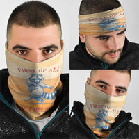 First Of All Raccoon Humor Neck Gaiter with Vintage Orange Stripes