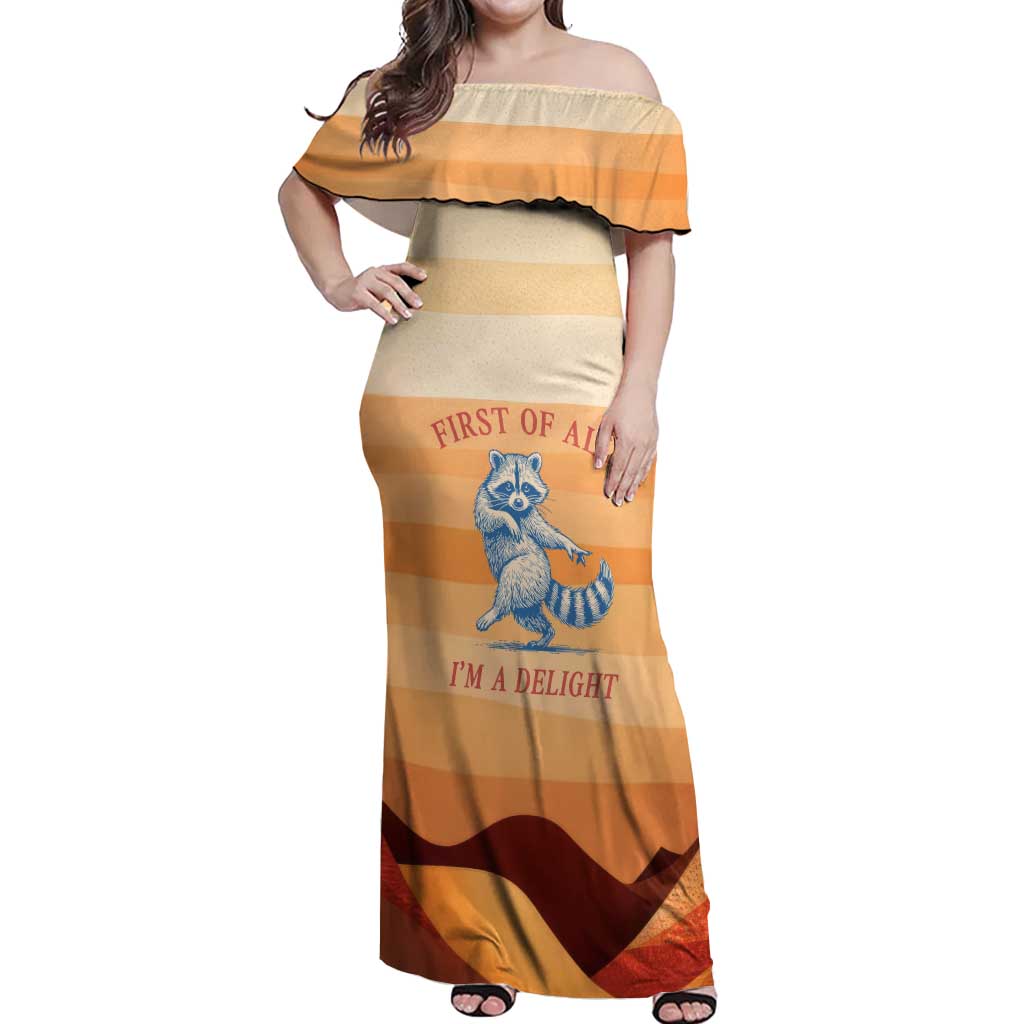 First Of All Raccoon Humor Off Shoulder Maxi Dress with Vintage Orange Stripes
