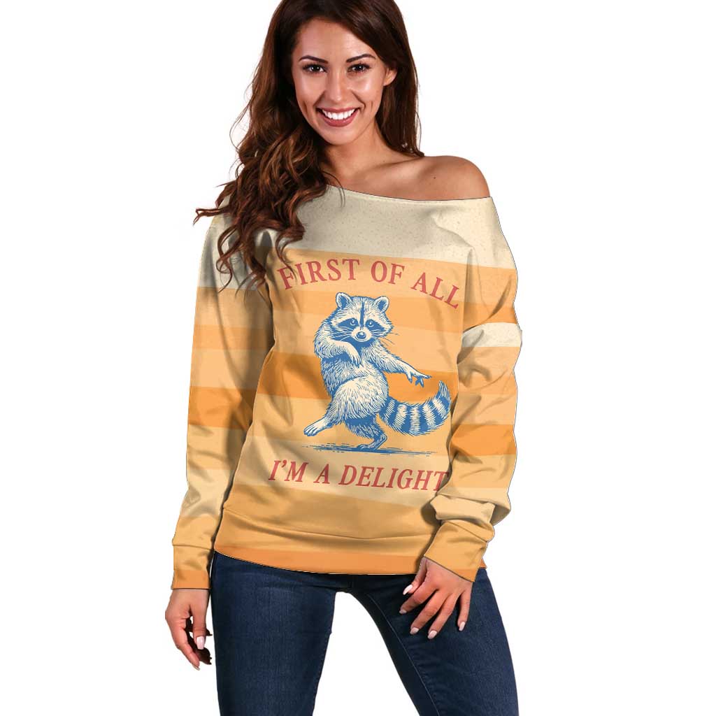 First Of All Raccoon Humor Off Shoulder Sweater with Vintage Orange Stripes