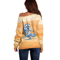 First Of All Raccoon Humor Off Shoulder Sweater with Vintage Orange Stripes