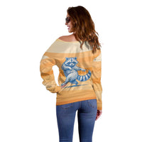 First Of All Raccoon Humor Off Shoulder Sweater with Vintage Orange Stripes