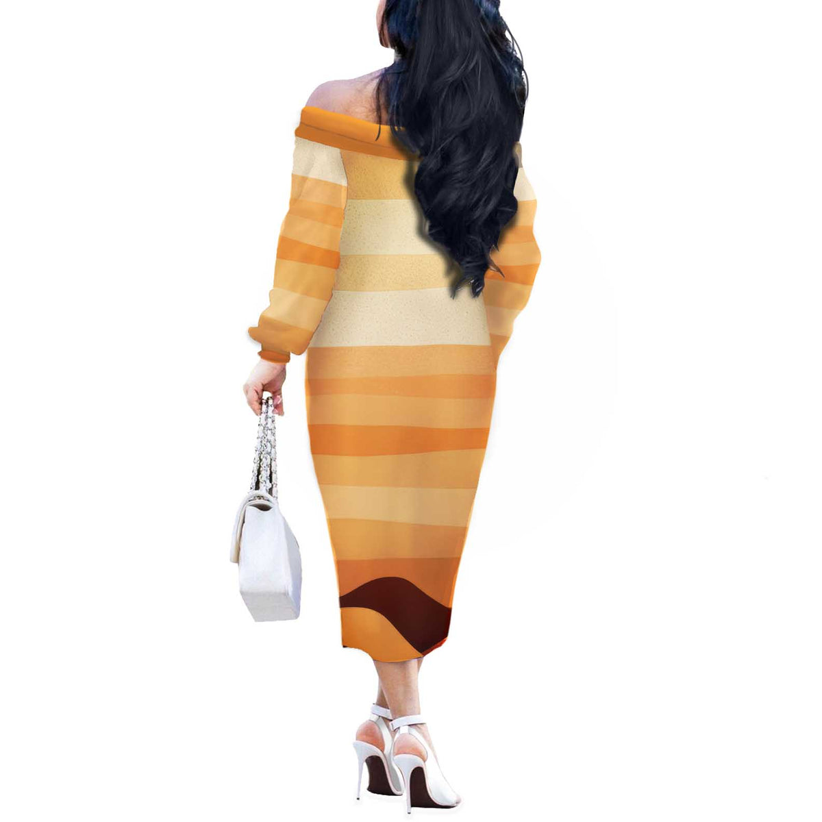 First Of All Raccoon Humor Off The Shoulder Long Sleeve Dress with Vintage Orange Stripes