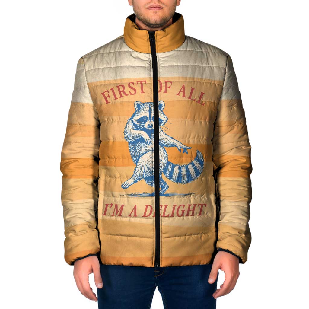 First Of All Raccoon Humor Padded Jacket with Vintage Orange Stripes