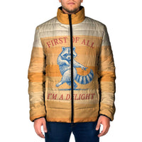First Of All Raccoon Humor Padded Jacket with Vintage Orange Stripes
