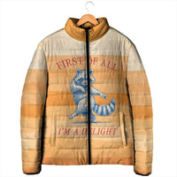 First Of All Raccoon Humor Padded Jacket with Vintage Orange Stripes