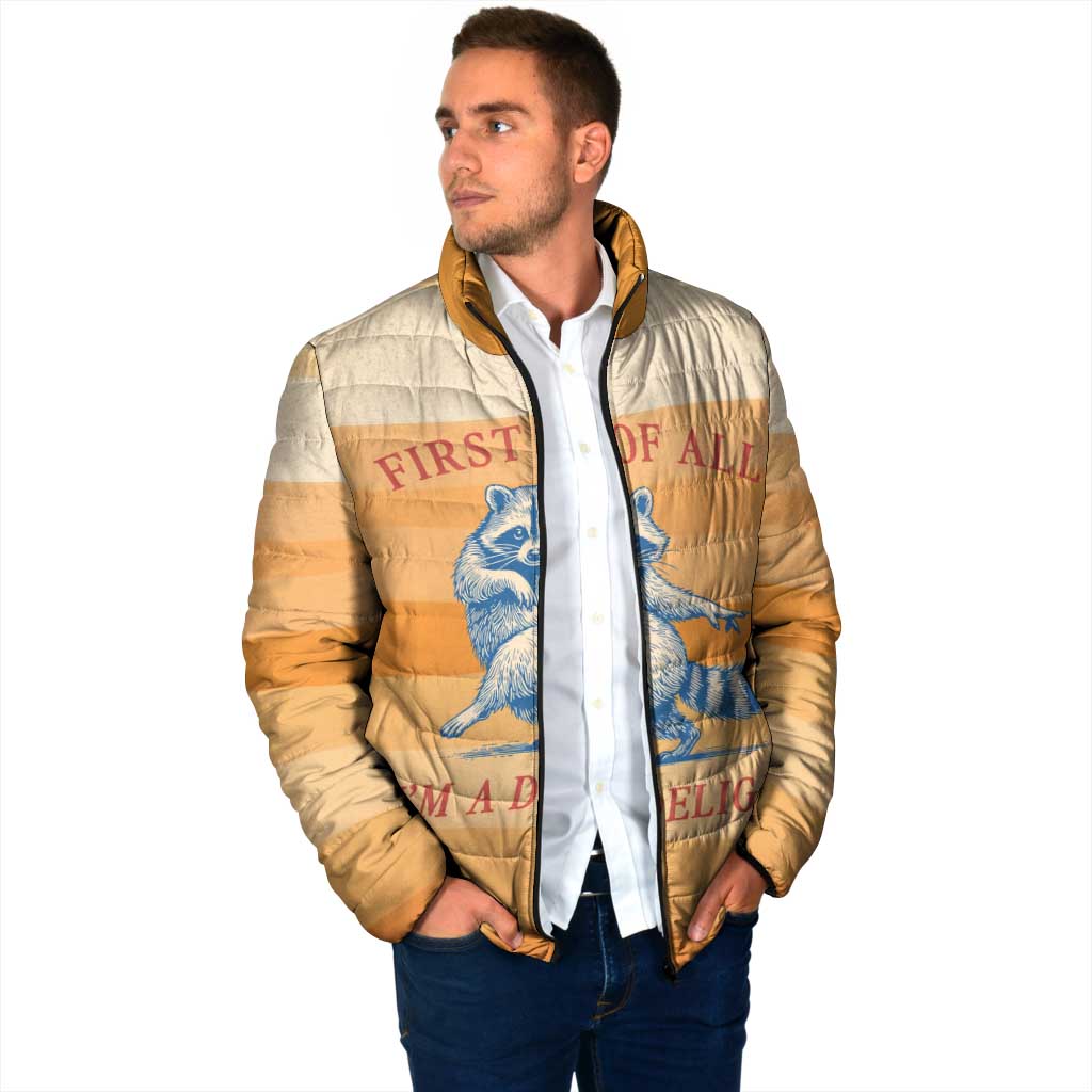 First Of All Raccoon Humor Padded Jacket with Vintage Orange Stripes