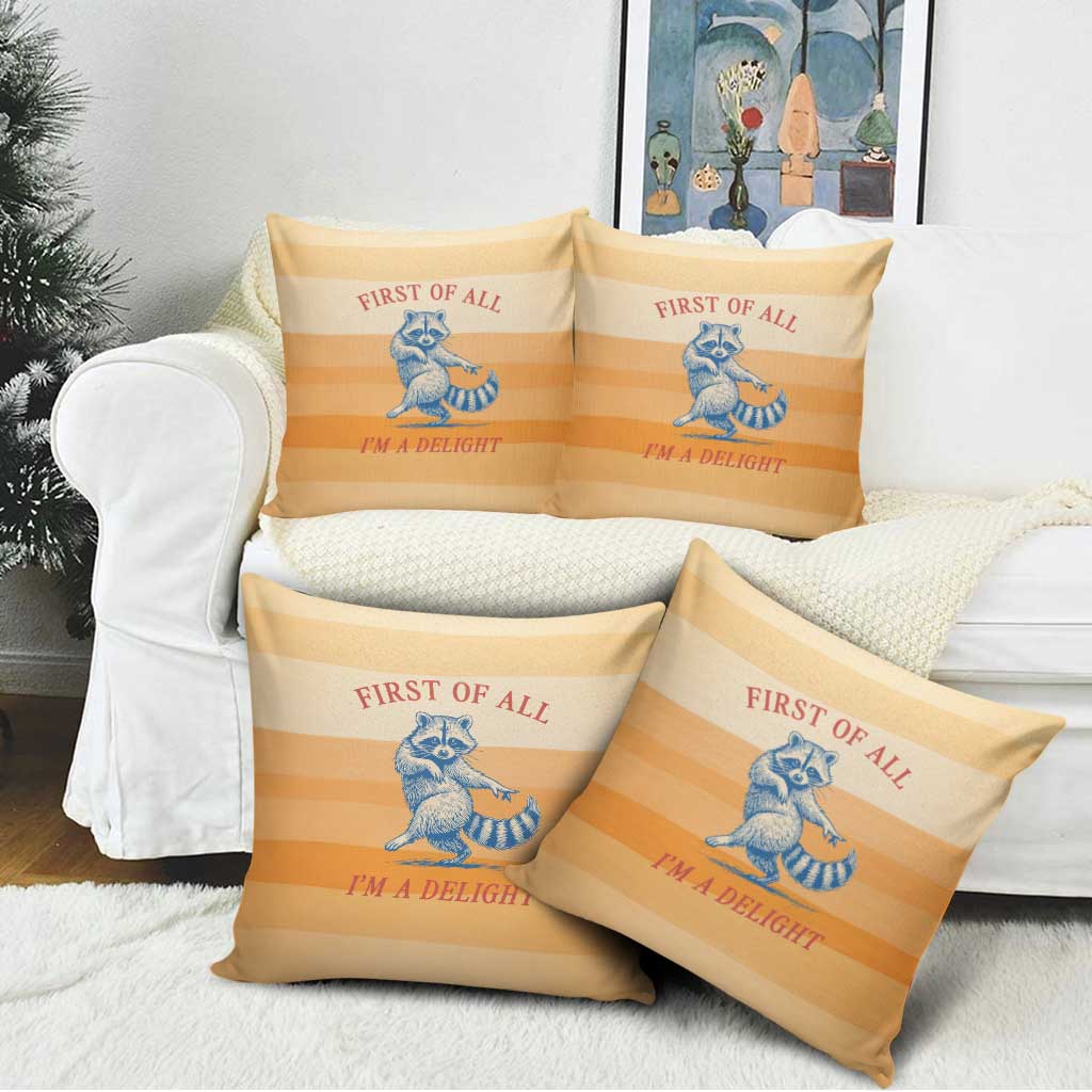 First Of All Raccoon Humor Pillow Cover with Vintage Orange Stripes