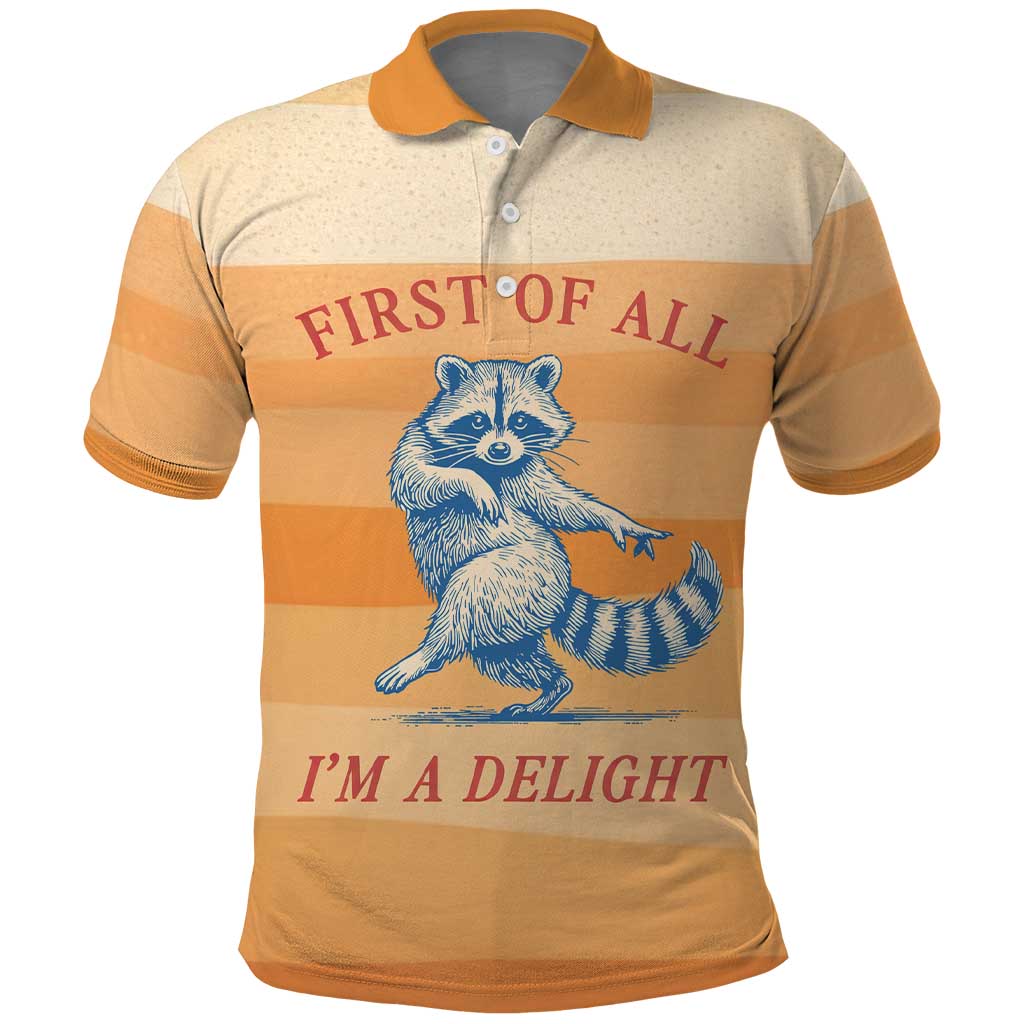 First Of All Raccoon Humor Polo Shirt with Vintage Orange Stripes