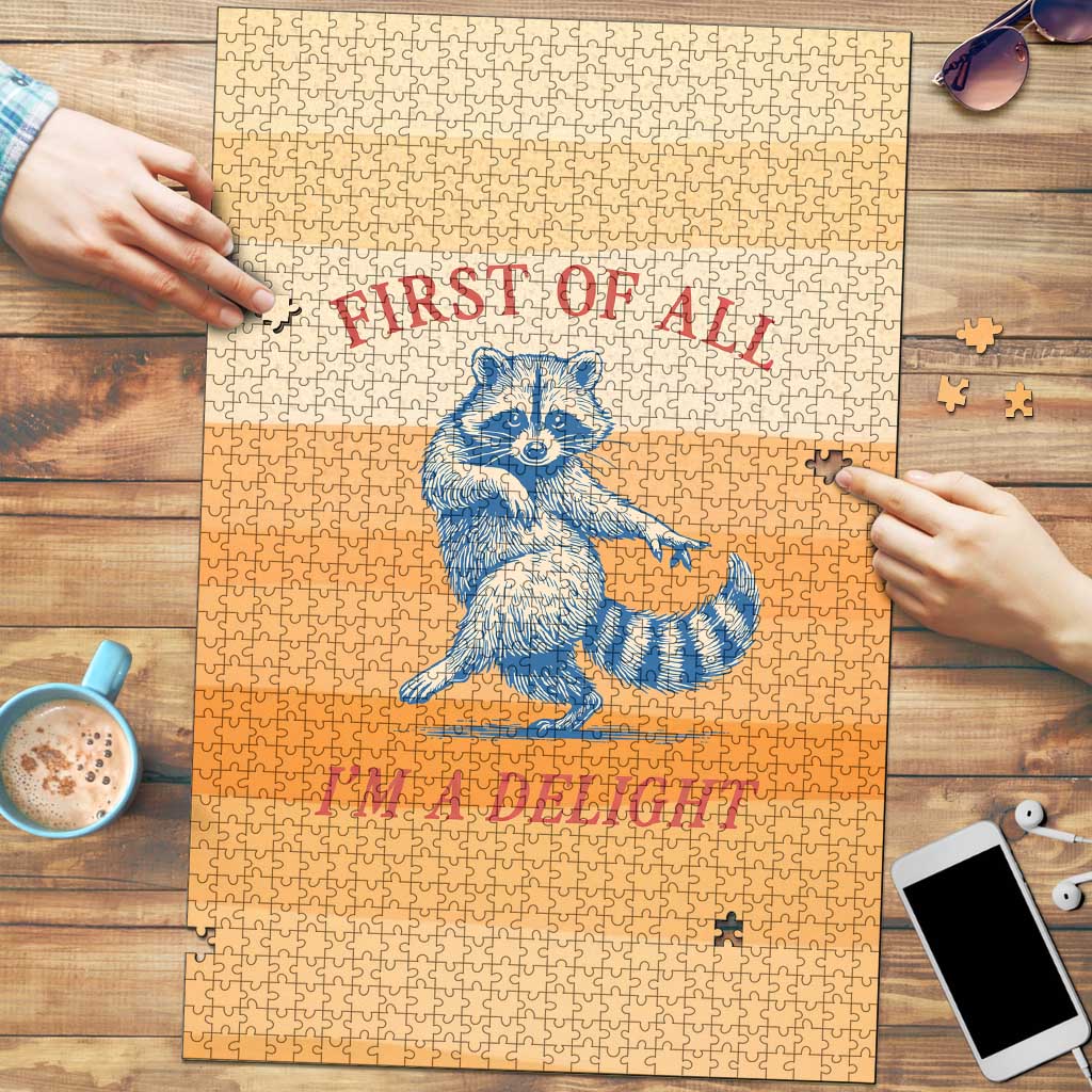 First Of All Raccoon Humor Puzzle with Vintage Orange Stripes