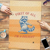 First Of All Raccoon Humor Puzzle with Vintage Orange Stripes