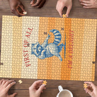 First Of All Raccoon Humor Puzzle with Vintage Orange Stripes