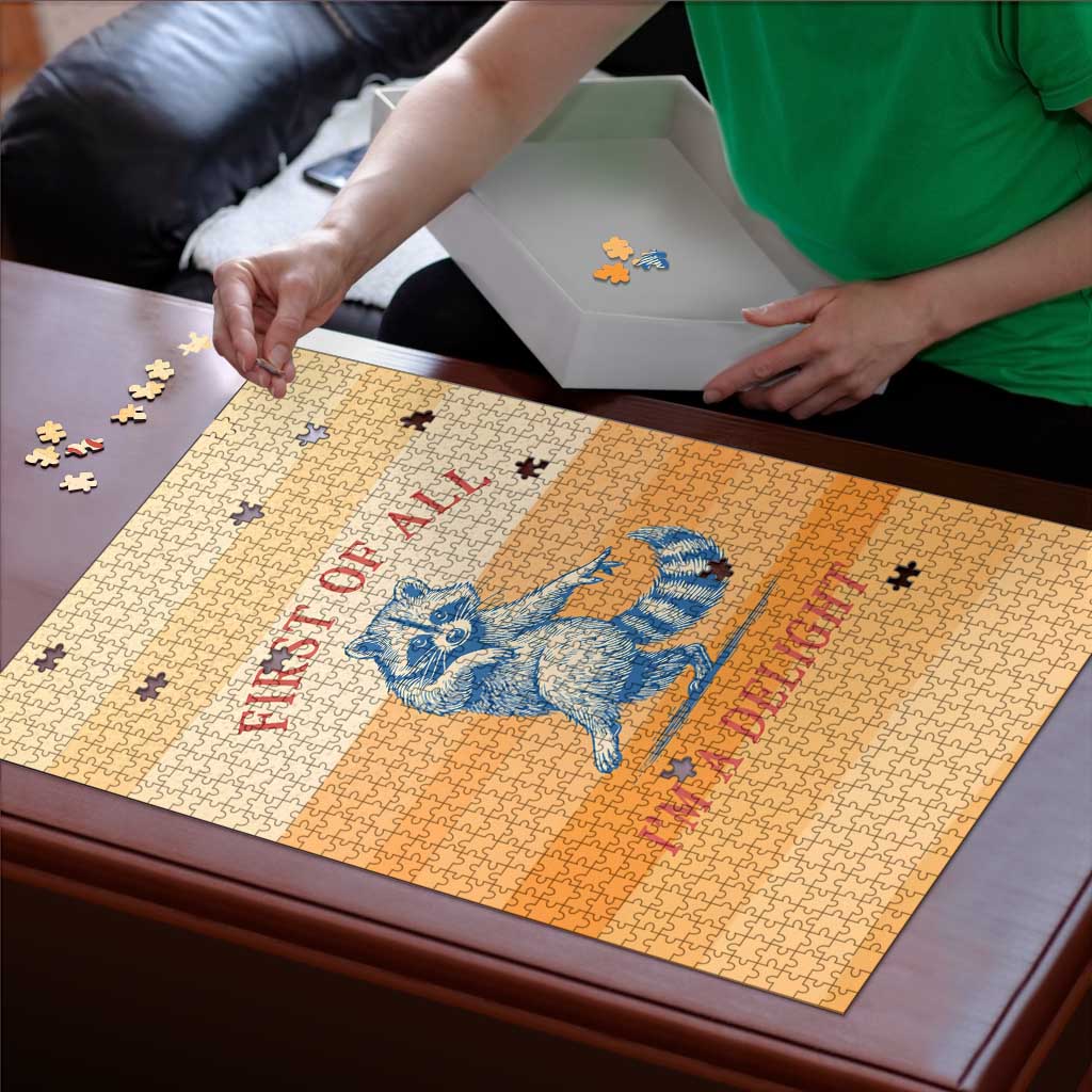 First Of All Raccoon Humor Puzzle with Vintage Orange Stripes