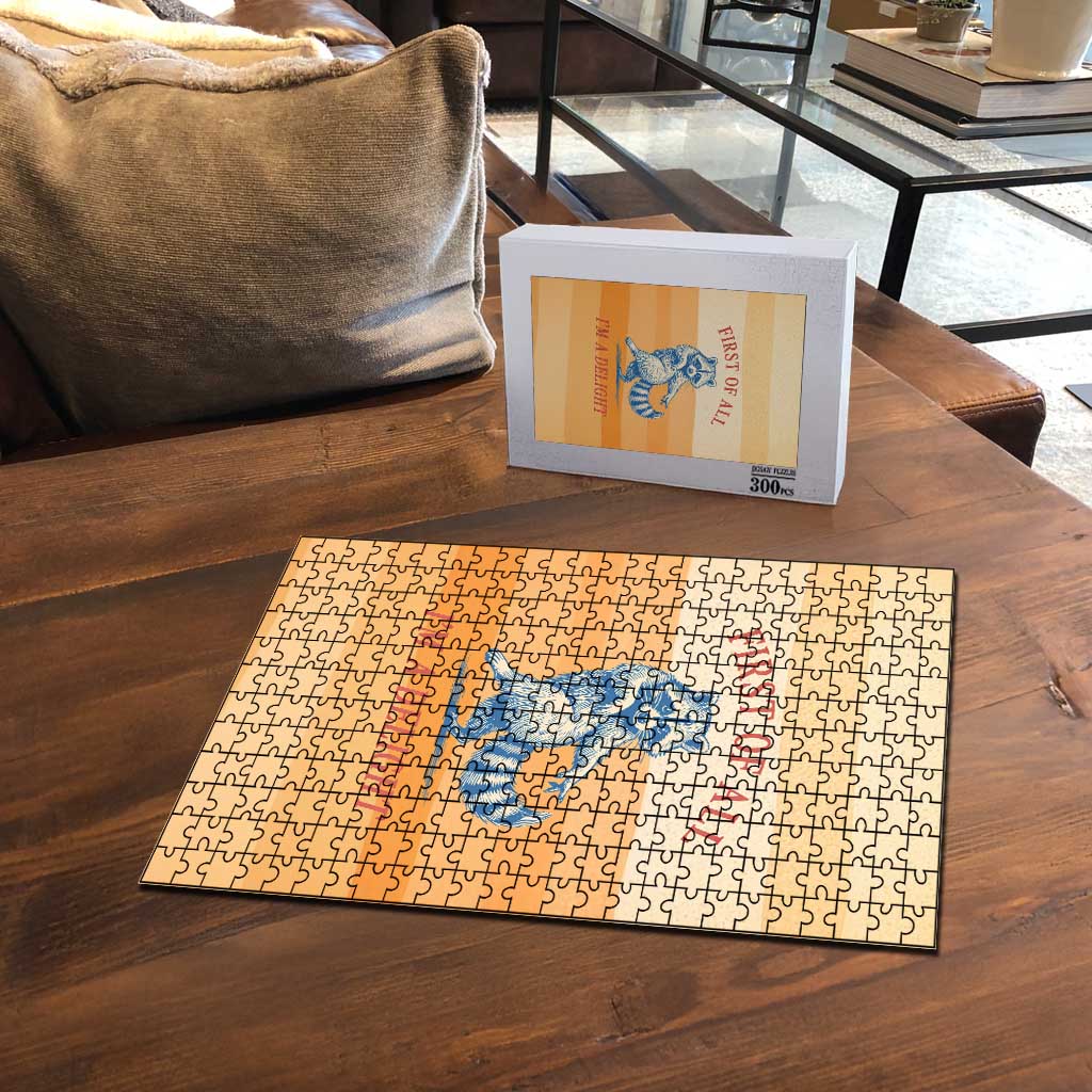 First Of All Raccoon Humor Puzzle with Vintage Orange Stripes