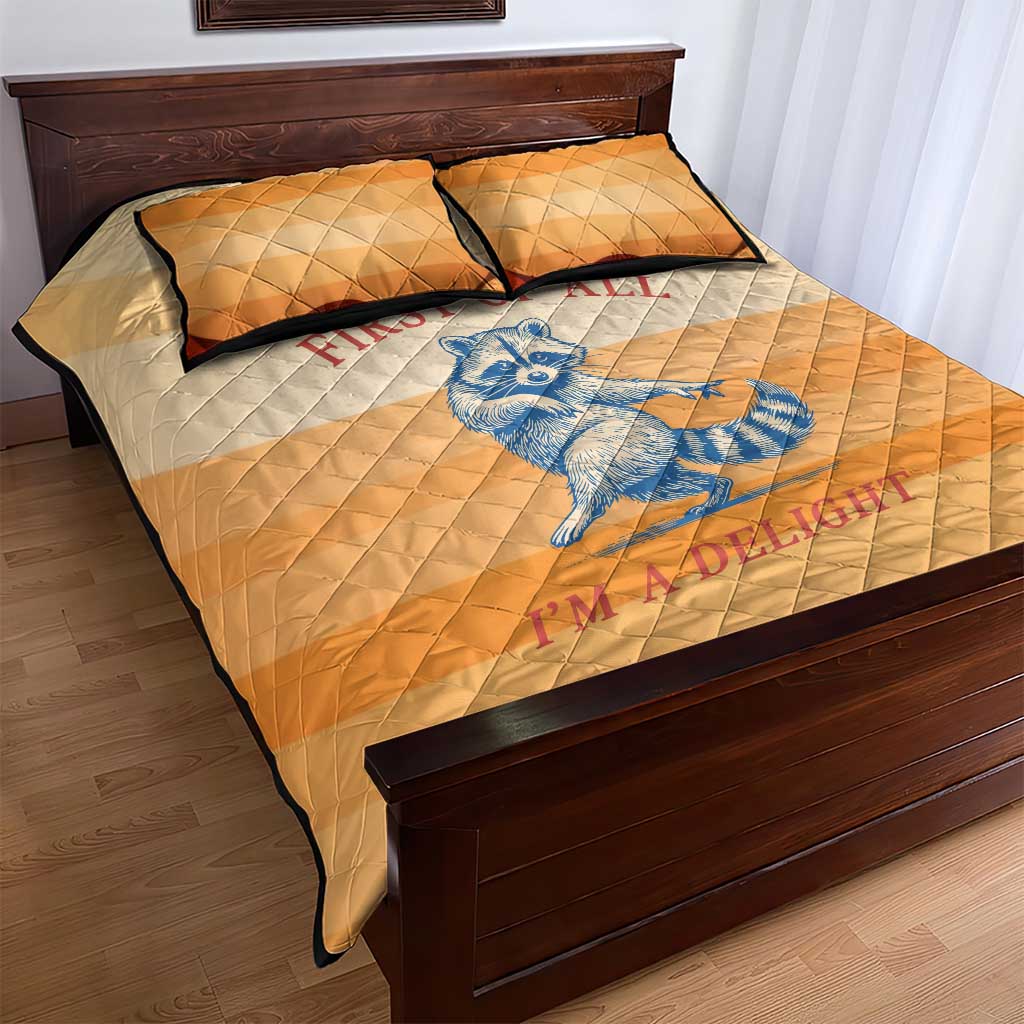 First Of All Raccoon Humor Quilt Bed Set with Vintage Orange Stripes