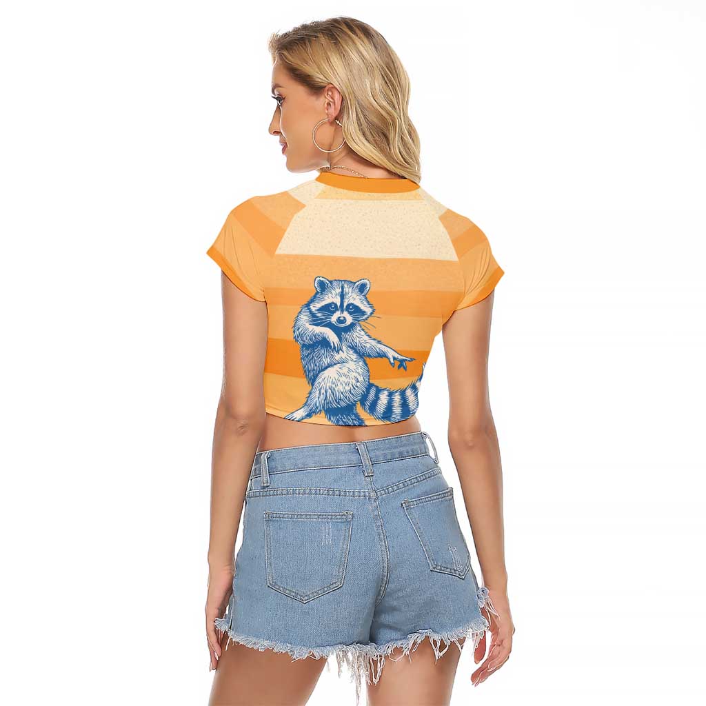 First Of All Raccoon Humor Raglan Cropped T Shirt with Vintage Orange Stripes