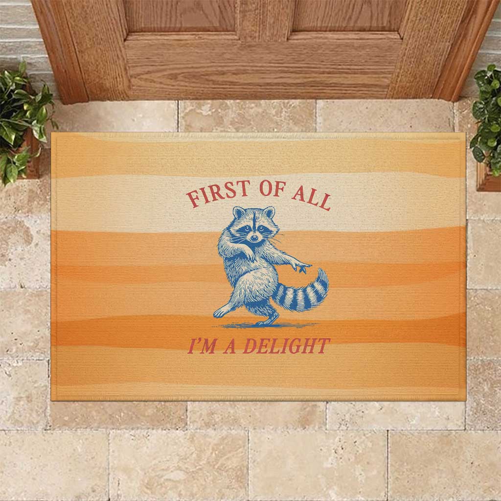 First Of All Raccoon Humor Rubber Doormat with Vintage Orange Stripes