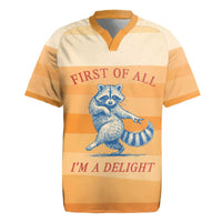 First Of All Raccoon Humor Rugby Jersey with Vintage Orange Stripes