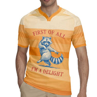 First Of All Raccoon Humor Rugby Jersey with Vintage Orange Stripes