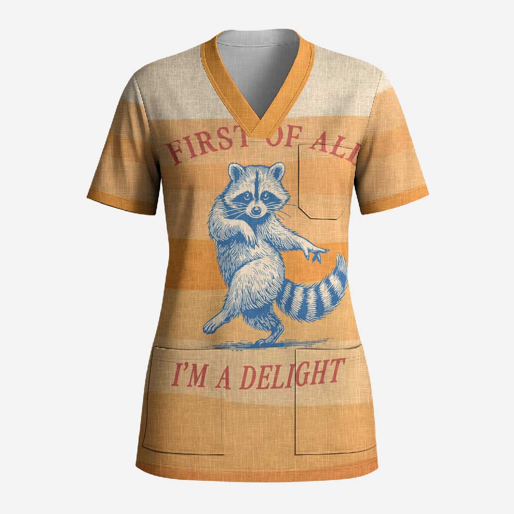 First Of All Raccoon Humor Scrub Top with Vintage Orange Stripes
