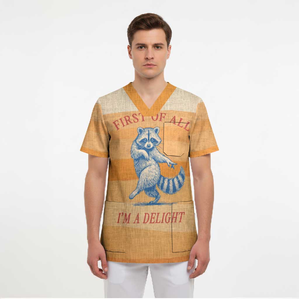 First Of All Raccoon Humor Scrub Top with Vintage Orange Stripes