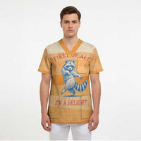 First Of All Raccoon Humor Scrub Top with Vintage Orange Stripes