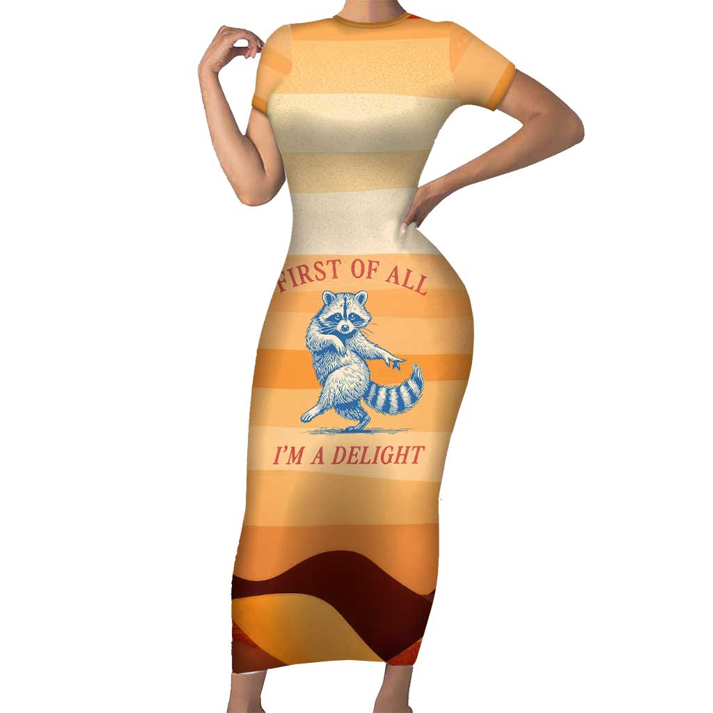 First Of All Raccoon Humor Short Sleeve Bodycon Dress with Vintage Orange Stripes