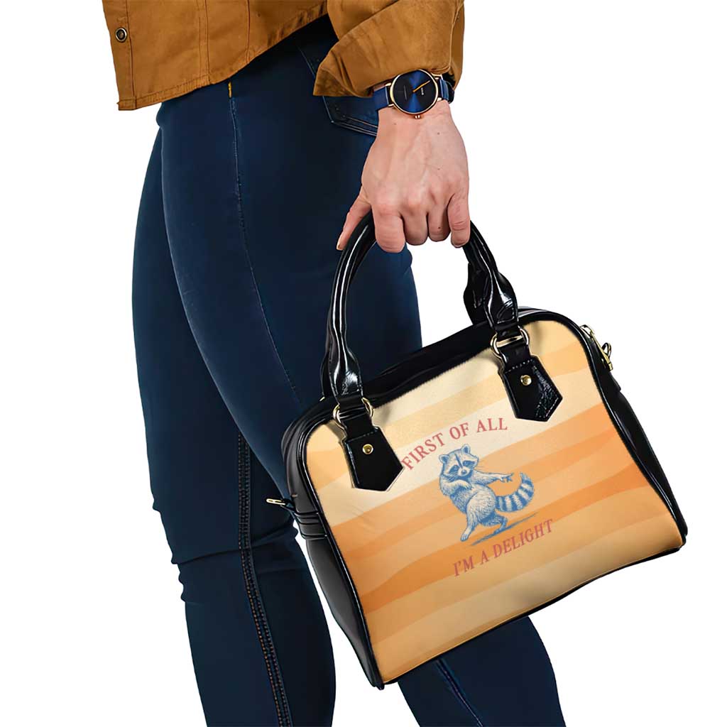 First Of All Raccoon Humor Shoulder Handbag with Vintage Orange Stripes