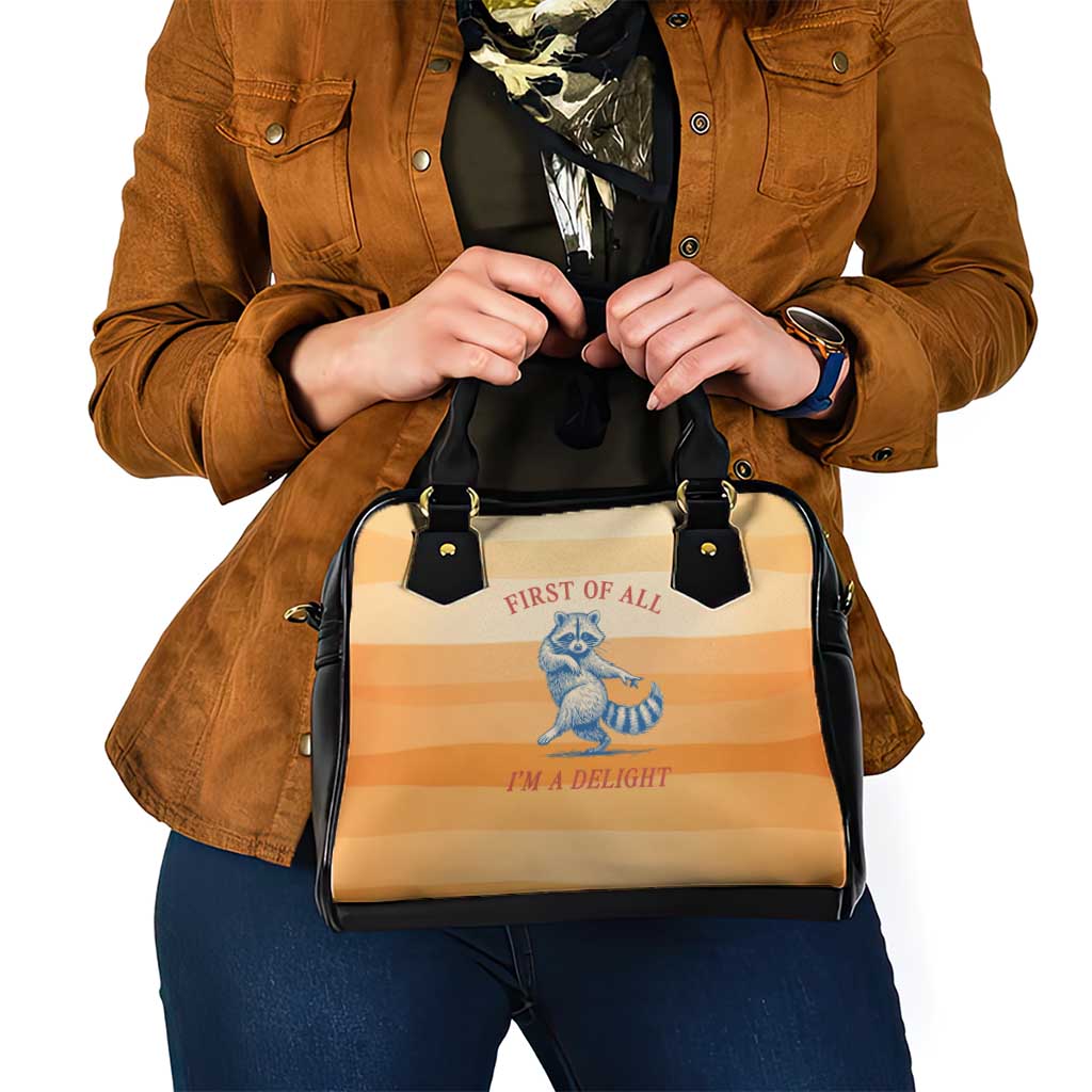 First Of All Raccoon Humor Shoulder Handbag with Vintage Orange Stripes