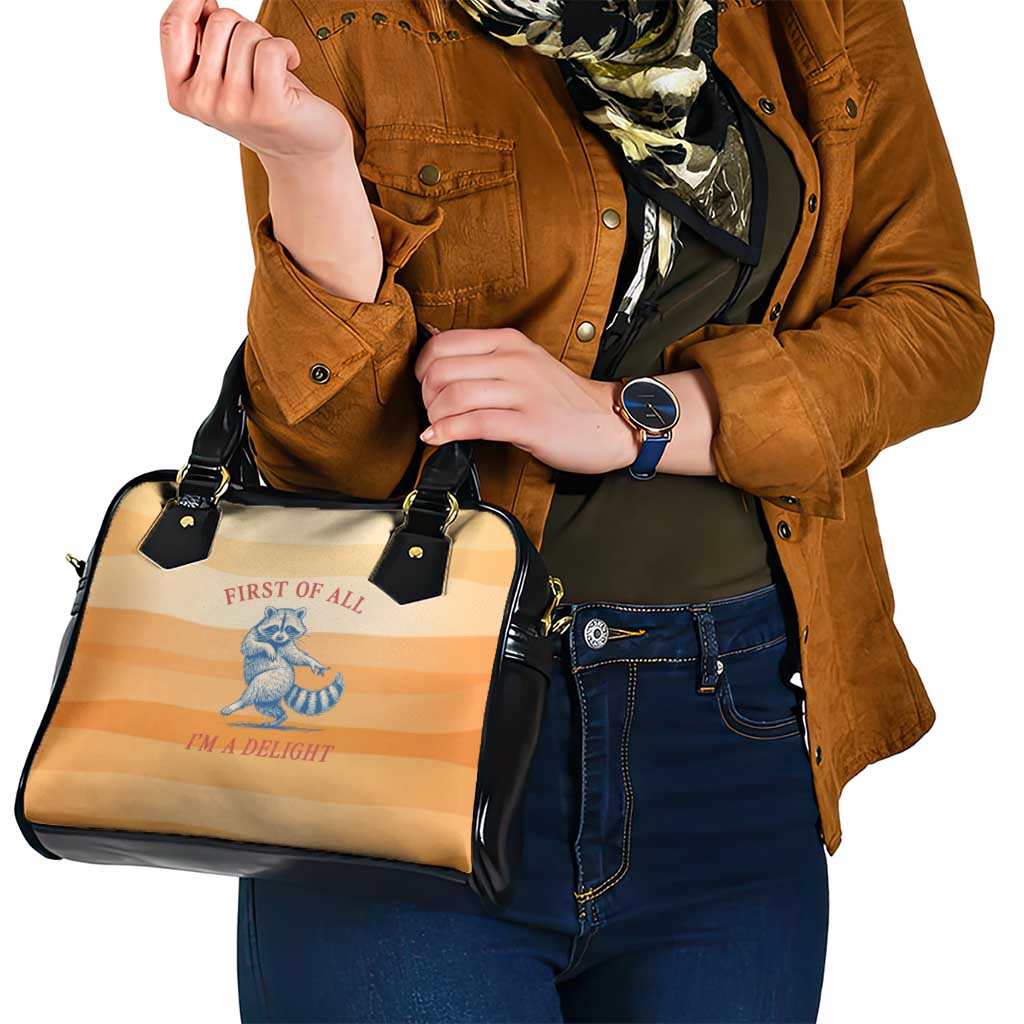 First Of All Raccoon Humor Shoulder Handbag with Vintage Orange Stripes