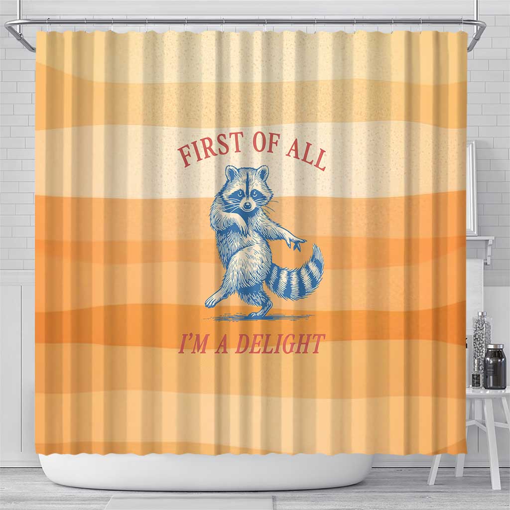 First Of All Raccoon Humor Shower Curtain with Vintage Orange Stripes